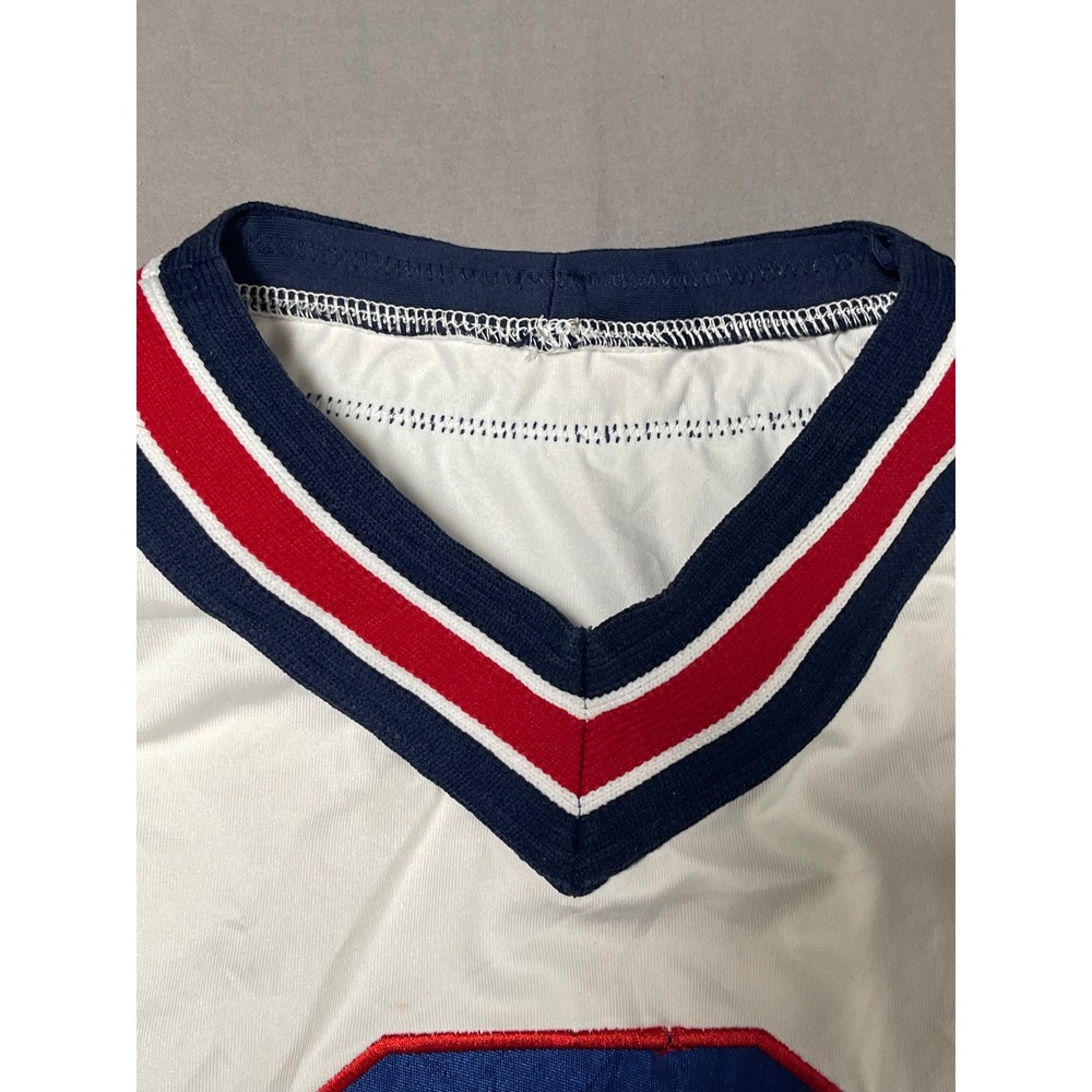DA Designs Dancewear Sanger Cheerleading Top White Red Navy Blue V-Neck Medium - Picture 4 of 10